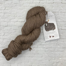 Load image into Gallery viewer, Brown skein of yarn with a label on a white brick background
