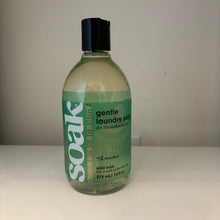 Load image into Gallery viewer, A bottle of 'soak' brand gentle laundry soap in wild mint scent, featuring a translucent green liquid and a black cap, set against a plain light gray background.