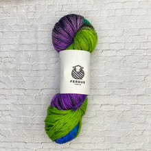 Load image into Gallery viewer, Multicolored skein of yarn with a Fergus Yarn Co label on a white brick background
