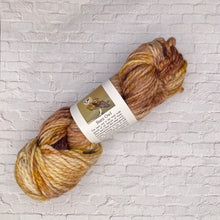 Load image into Gallery viewer, Several skeins of bulky weight yarn in various colors including yellow, purple, multicolor, and brown, with labels indicating the brand 'Songbird Yarn &amp; Fibres'.
