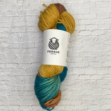 Load image into Gallery viewer, Ball of yarn with Fergus Yarn Co label on a white brick background
