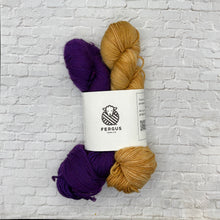 Load image into Gallery viewer, Two skeins of purple and gold yarn on a white brick wall background with 'Fergus Yarn Co.' branding.
