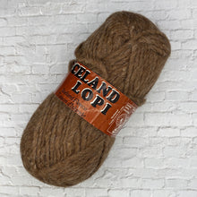 Load image into Gallery viewer, Brown skein of yarn with a label on a textured white background
