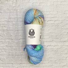 Load image into Gallery viewer, Multicolored skein of yarn with a Fergus Yarn Co. label on a white brick background
