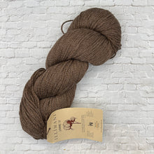 Load image into Gallery viewer, Brown skein of yarn with a label on a white brick wall background
